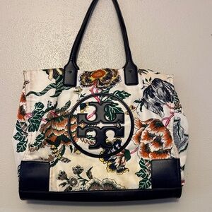 Tory Burch Multicolor Floral Tote with Black Trim